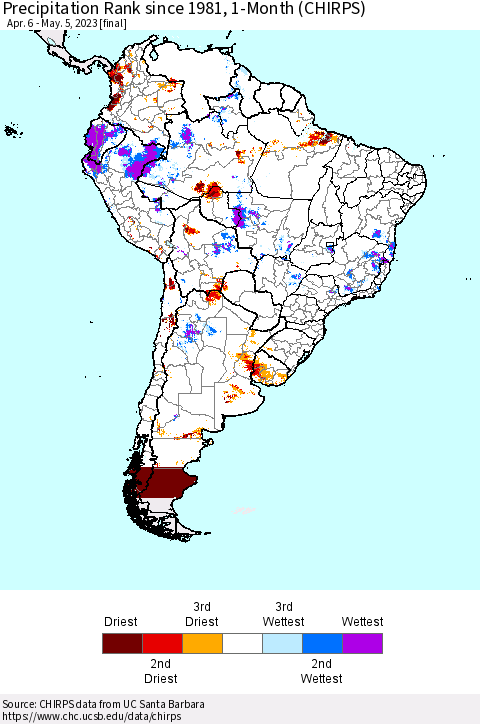 South America Precipitation Rank since 1981, 1-Month (CHIRPS) Thematic Map For 4/6/2023 - 5/5/2023