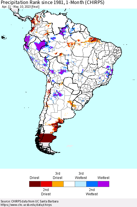 South America Precipitation Rank since 1981, 1-Month (CHIRPS) Thematic Map For 4/11/2023 - 5/10/2023