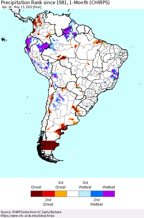 South America Precipitation Rank since 1981, 1-Month (CHIRPS) Thematic Map For 4/16/2023 - 5/15/2023