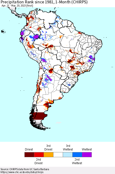 South America Precipitation Rank since 1981, 1-Month (CHIRPS) Thematic Map For 4/21/2023 - 5/20/2023