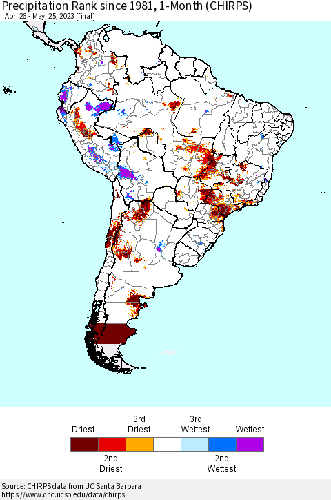 South America Precipitation Rank since 1981, 1-Month (CHIRPS) Thematic Map For 4/26/2023 - 5/25/2023