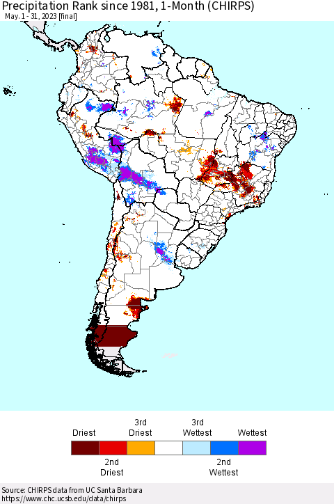 South America Precipitation Rank since 1981, 1-Month (CHIRPS) Thematic Map For 5/1/2023 - 5/31/2023
