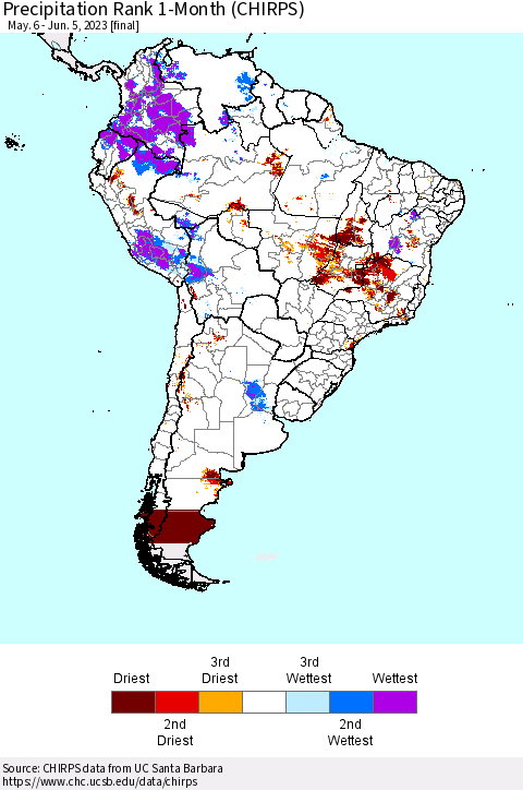 South America Precipitation Rank since 1981, 1-Month (CHIRPS) Thematic Map For 5/6/2023 - 6/5/2023