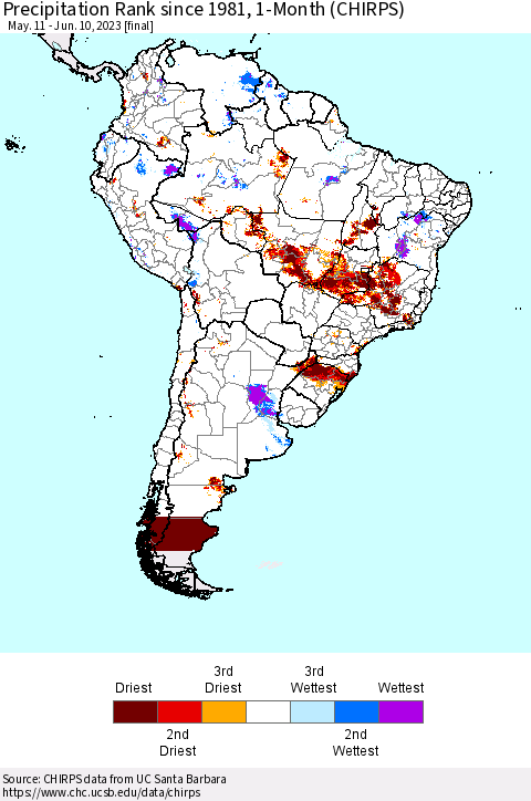 South America Precipitation Rank since 1981, 1-Month (CHIRPS) Thematic Map For 5/11/2023 - 6/10/2023