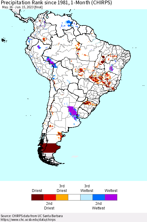 South America Precipitation Rank since 1981, 1-Month (CHIRPS) Thematic Map For 5/16/2023 - 6/15/2023