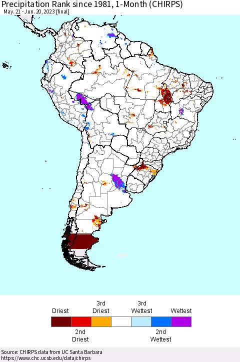 South America Precipitation Rank since 1981, 1-Month (CHIRPS) Thematic Map For 5/21/2023 - 6/20/2023