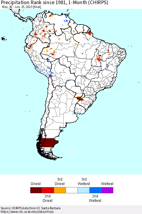 South America Precipitation Rank since 1981, 1-Month (CHIRPS) Thematic Map For 5/26/2023 - 6/25/2023