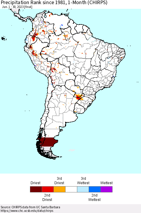 South America Precipitation Rank since 1981, 1-Month (CHIRPS) Thematic Map For 6/1/2023 - 6/30/2023