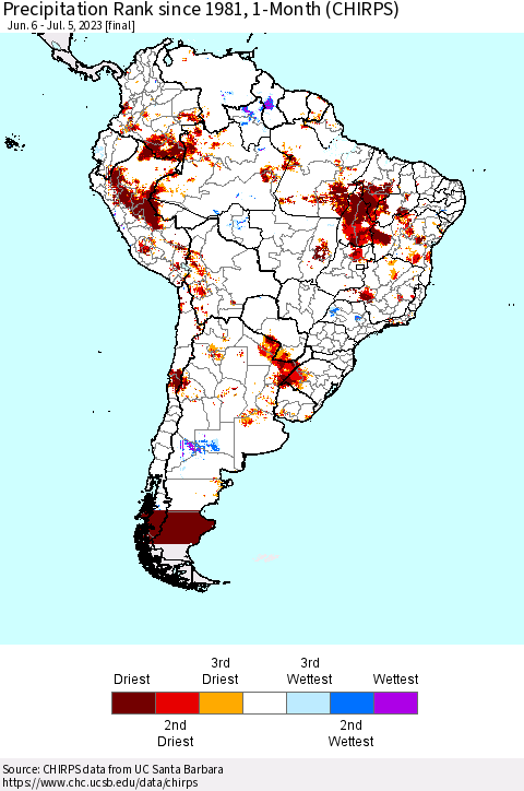 South America Precipitation Rank since 1981, 1-Month (CHIRPS) Thematic Map For 6/6/2023 - 7/5/2023