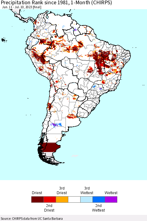 South America Precipitation Rank since 1981, 1-Month (CHIRPS) Thematic Map For 6/11/2023 - 7/10/2023