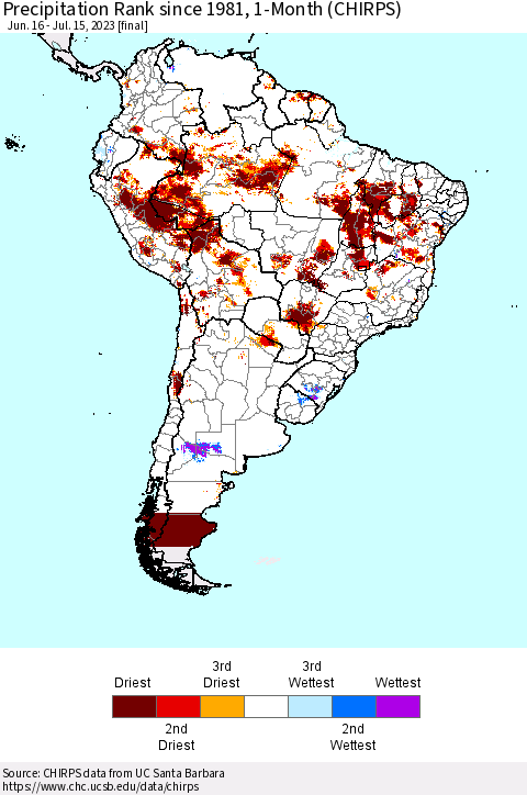 South America Precipitation Rank since 1981, 1-Month (CHIRPS) Thematic Map For 6/16/2023 - 7/15/2023