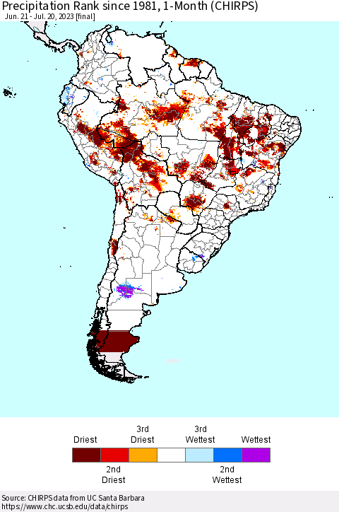 South America Precipitation Rank since 1981, 1-Month (CHIRPS) Thematic Map For 6/21/2023 - 7/20/2023