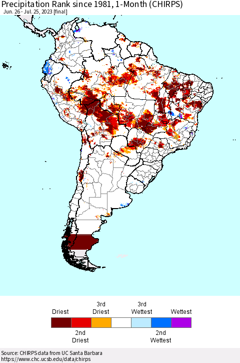 South America Precipitation Rank since 1981, 1-Month (CHIRPS) Thematic Map For 6/26/2023 - 7/25/2023