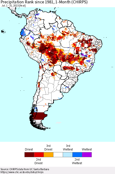 South America Precipitation Rank since 1981, 1-Month (CHIRPS) Thematic Map For 7/1/2023 - 7/31/2023