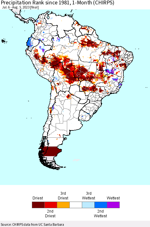 South America Precipitation Rank since 1981, 1-Month (CHIRPS) Thematic Map For 7/6/2023 - 8/5/2023