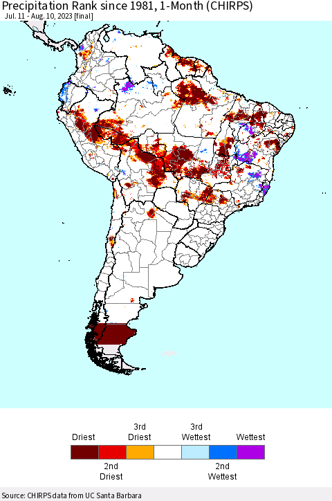 South America Precipitation Rank since 1981, 1-Month (CHIRPS) Thematic Map For 7/11/2023 - 8/10/2023