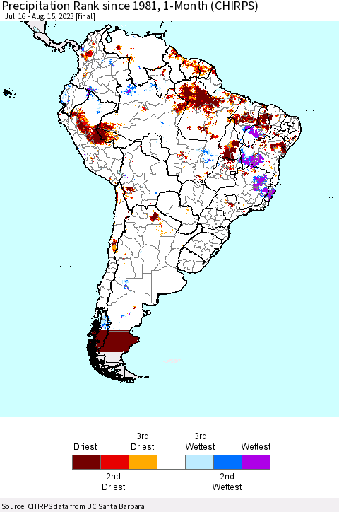 South America Precipitation Rank since 1981, 1-Month (CHIRPS) Thematic Map For 7/16/2023 - 8/15/2023