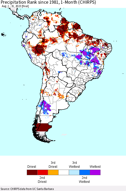 South America Precipitation Rank since 1981, 1-Month (CHIRPS) Thematic Map For 8/1/2023 - 8/31/2023