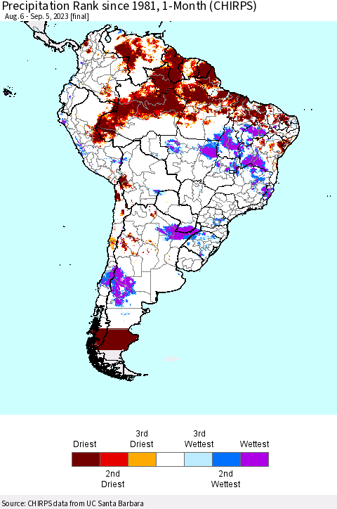 South America Precipitation Rank since 1981, 1-Month (CHIRPS) Thematic Map For 8/6/2023 - 9/5/2023