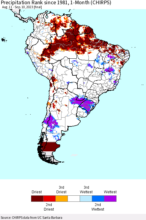 South America Precipitation Rank since 1981, 1-Month (CHIRPS) Thematic Map For 8/11/2023 - 9/10/2023