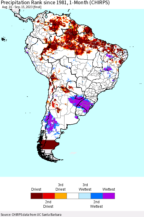 South America Precipitation Rank since 1981, 1-Month (CHIRPS) Thematic Map For 8/16/2023 - 9/15/2023