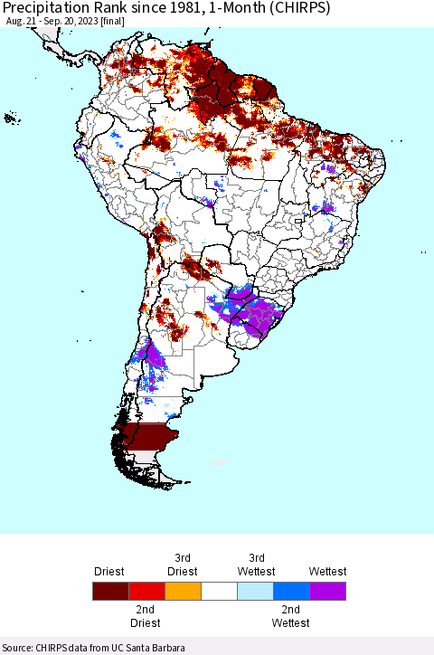 South America Precipitation Rank since 1981, 1-Month (CHIRPS) Thematic Map For 8/21/2023 - 9/20/2023