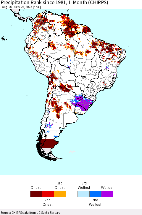 South America Precipitation Rank since 1981, 1-Month (CHIRPS) Thematic Map For 8/26/2023 - 9/25/2023