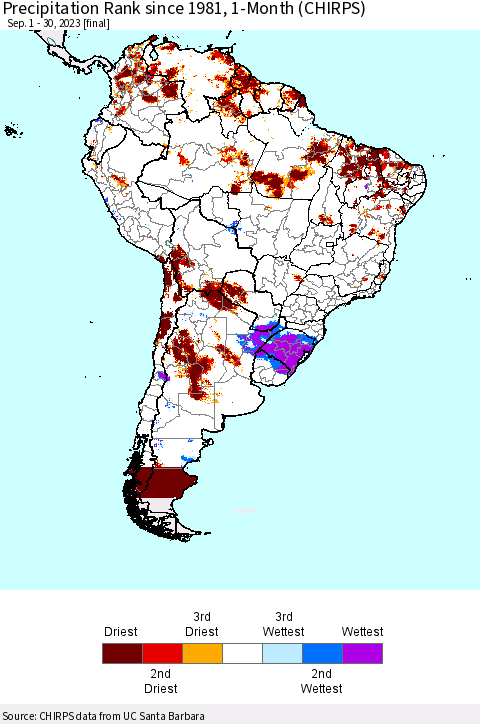 South America Precipitation Rank since 1981, 1-Month (CHIRPS) Thematic Map For 9/1/2023 - 9/30/2023