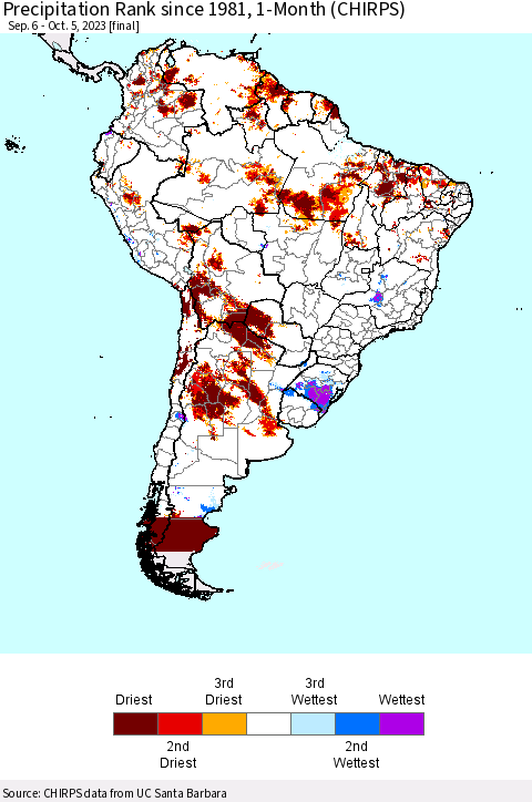 South America Precipitation Rank since 1981, 1-Month (CHIRPS) Thematic Map For 9/6/2023 - 10/5/2023