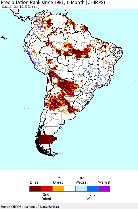 South America Precipitation Rank since 1981, 1-Month (CHIRPS) Thematic Map For 9/11/2023 - 10/10/2023