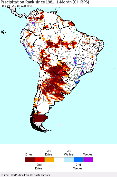 South America Precipitation Rank since 1981, 1-Month (CHIRPS) Thematic Map For 9/16/2023 - 10/15/2023