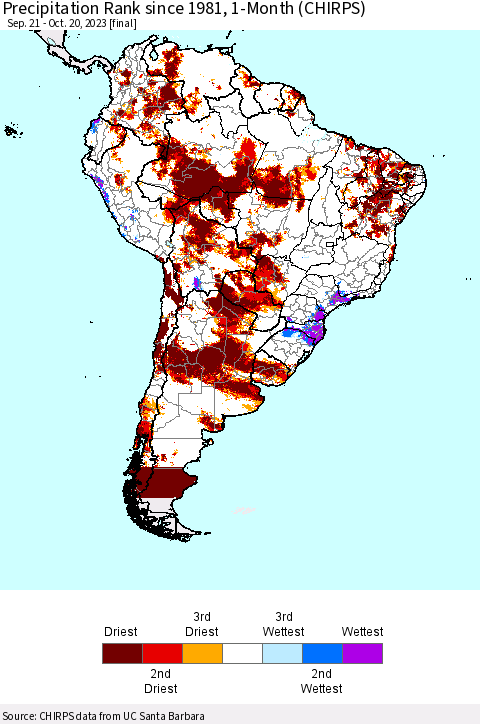 South America Precipitation Rank since 1981, 1-Month (CHIRPS) Thematic Map For 9/21/2023 - 10/20/2023