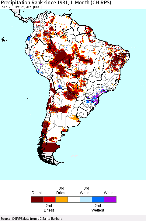 South America Precipitation Rank since 1981, 1-Month (CHIRPS) Thematic Map For 9/26/2023 - 10/25/2023