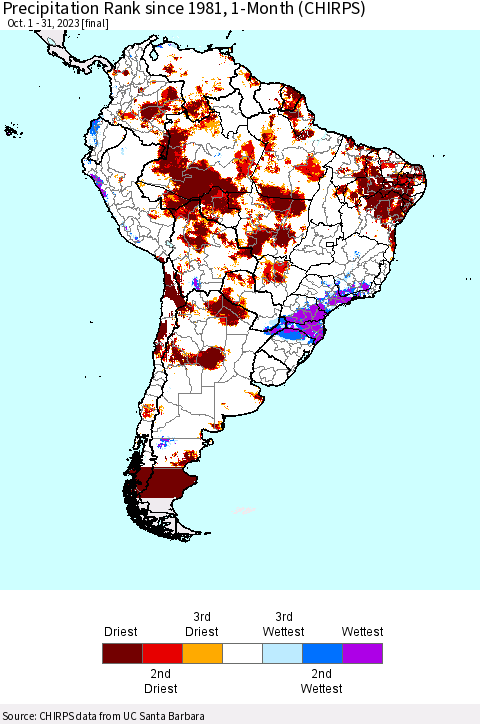 South America Precipitation Rank since 1981, 1-Month (CHIRPS) Thematic Map For 10/1/2023 - 10/31/2023