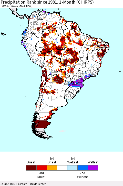 South America Precipitation Rank since 1981, 1-Month (CHIRPS) Thematic Map For 10/6/2023 - 11/5/2023