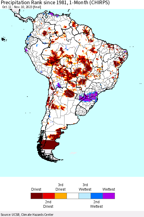 South America Precipitation Rank since 1981, 1-Month (CHIRPS) Thematic Map For 10/11/2023 - 11/10/2023