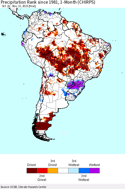 South America Precipitation Rank since 1981, 1-Month (CHIRPS) Thematic Map For 10/16/2023 - 11/15/2023