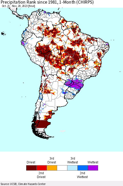 South America Precipitation Rank since 1981, 1-Month (CHIRPS) Thematic Map For 10/21/2023 - 11/20/2023