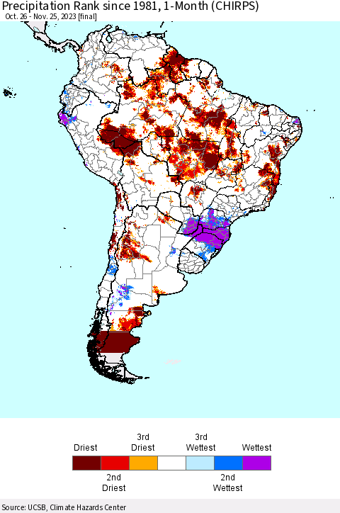 South America Precipitation Rank since 1981, 1-Month (CHIRPS) Thematic Map For 10/26/2023 - 11/25/2023