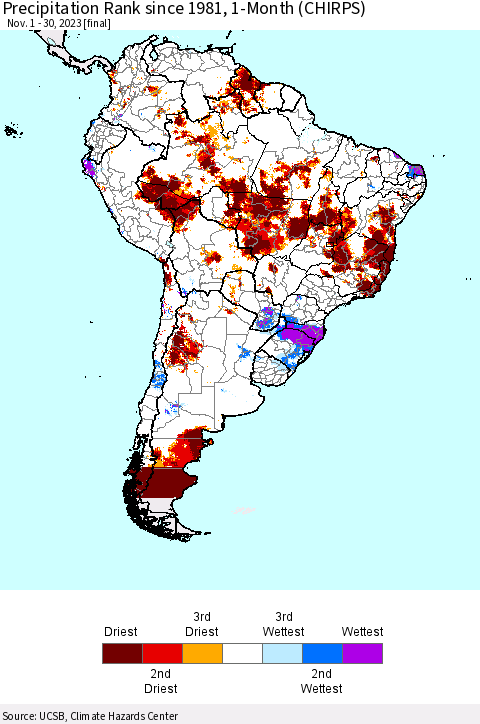 South America Precipitation Rank since 1981, 1-Month (CHIRPS) Thematic Map For 11/1/2023 - 11/30/2023
