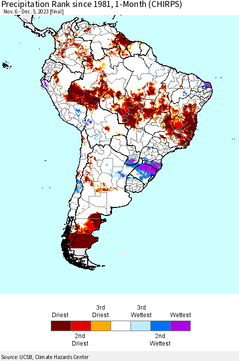 South America Precipitation Rank since 1981, 1-Month (CHIRPS) Thematic Map For 11/6/2023 - 12/5/2023