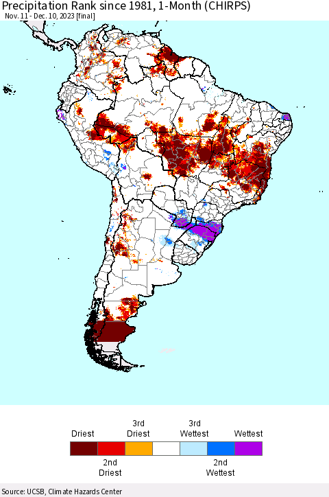 South America Precipitation Rank since 1981, 1-Month (CHIRPS) Thematic Map For 11/11/2023 - 12/10/2023