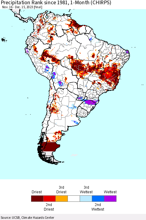 South America Precipitation Rank since 1981, 1-Month (CHIRPS) Thematic Map For 11/16/2023 - 12/15/2023