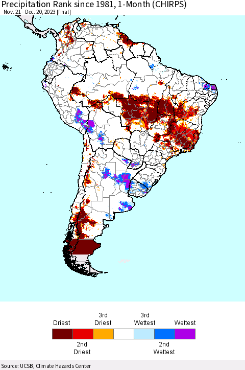 South America Precipitation Rank since 1981, 1-Month (CHIRPS) Thematic Map For 11/21/2023 - 12/20/2023