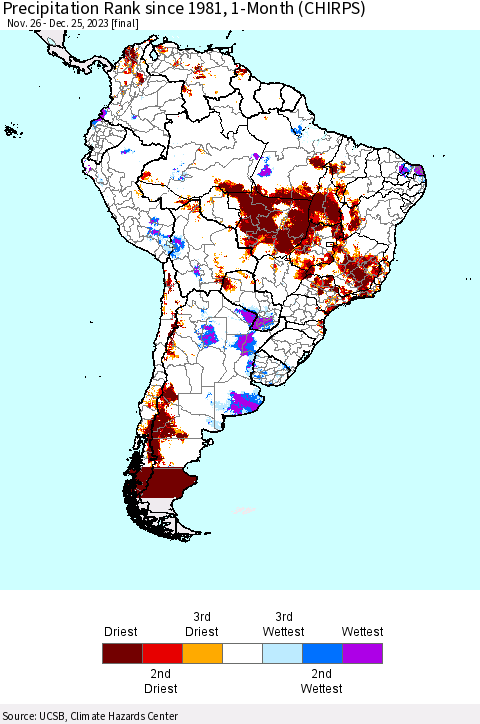 South America Precipitation Rank since 1981, 1-Month (CHIRPS) Thematic Map For 11/26/2023 - 12/25/2023