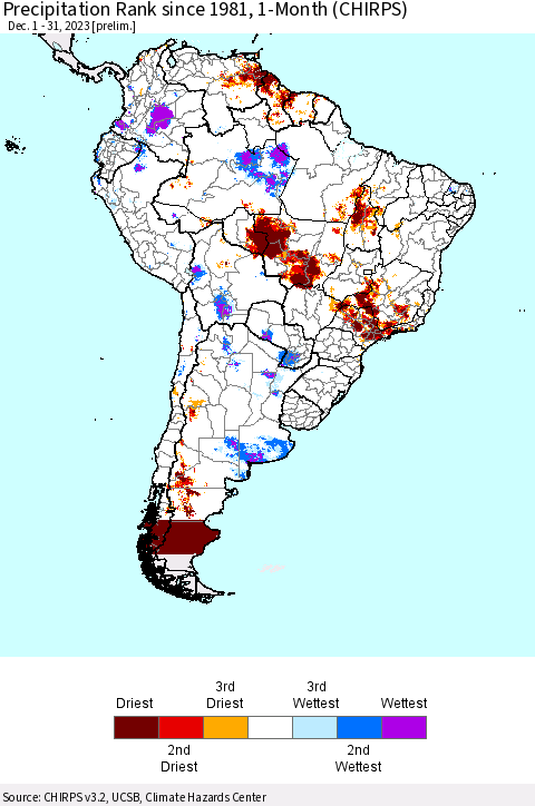 South America Precipitation Rank since 1981, 1-Month (CHIRPS) Thematic Map For 12/1/2023 - 12/31/2023