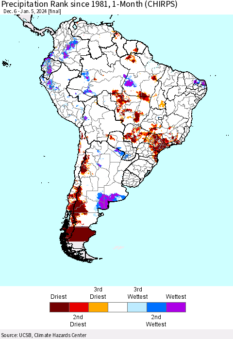 South America Precipitation Rank since 1981, 1-Month (CHIRPS) Thematic Map For 12/6/2023 - 1/5/2024