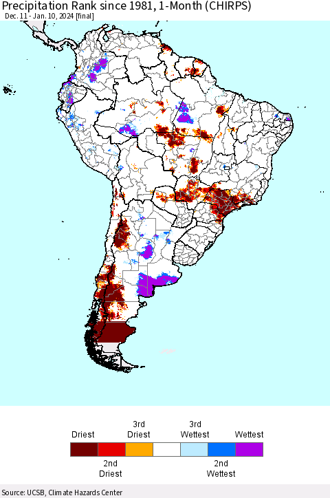 South America Precipitation Rank since 1981, 1-Month (CHIRPS) Thematic Map For 12/11/2023 - 1/10/2024