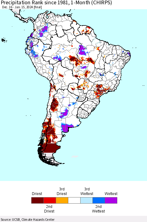 South America Precipitation Rank since 1981, 1-Month (CHIRPS) Thematic Map For 12/16/2023 - 1/15/2024