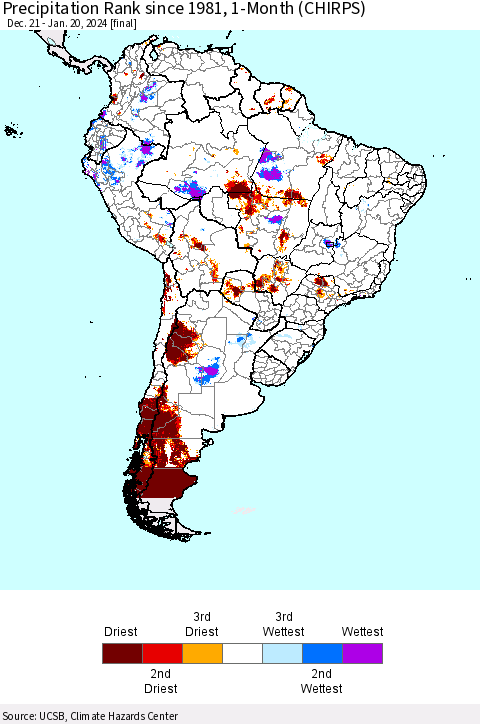 South America Precipitation Rank since 1981, 1-Month (CHIRPS) Thematic Map For 12/21/2023 - 1/20/2024
